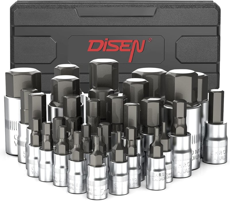 DISEN 32-Piece HEX Bit Socket Set, SAE & Metric Allen Wrench Socket Set with Enhanced Storage Case, Premium Heat Treated Chrome Vanadium Steel & S2 Alloy Steel - Image 1